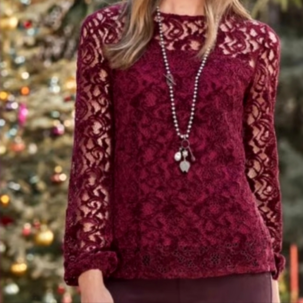 Sundance Maroon Velvet Lace Remarkable Beauty Top S